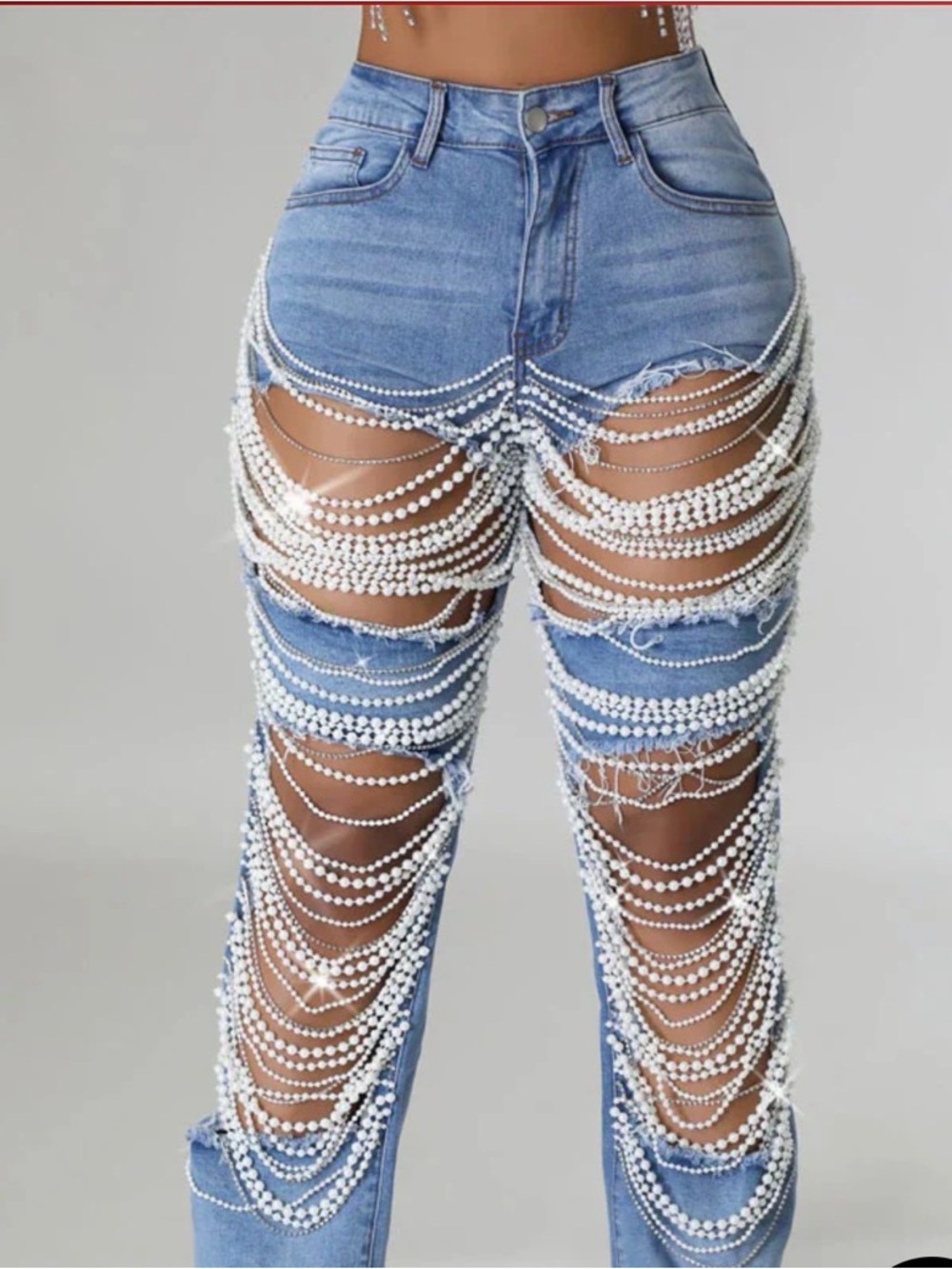 Rhinestone Draped Distressed Blue Women's Jeans